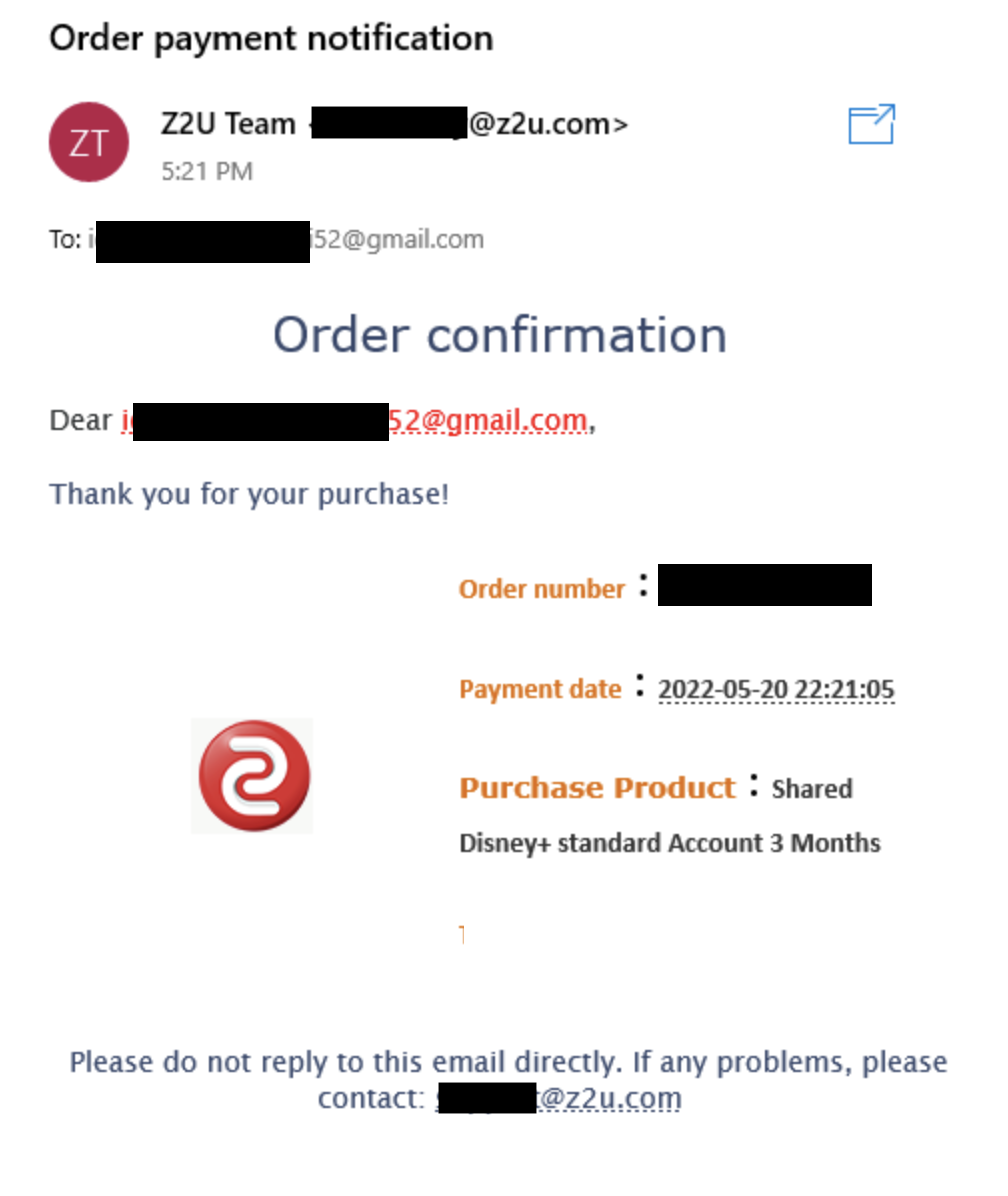 Customer email showing they purchased a Disney+ account using Z2U.