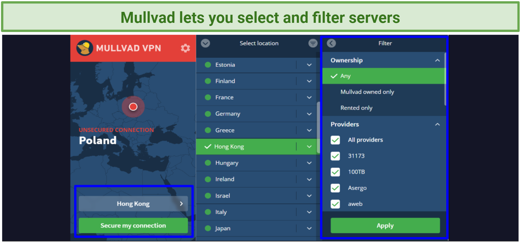 Screenshots of Mullvad's server location tab