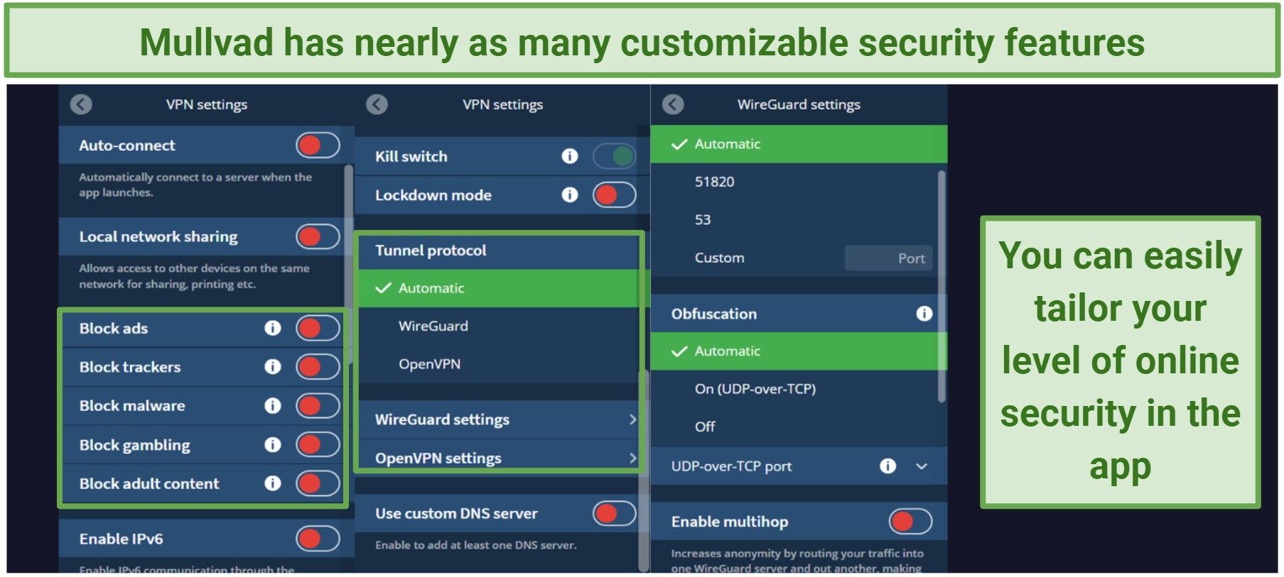 Pictures of Mullvad's security settings