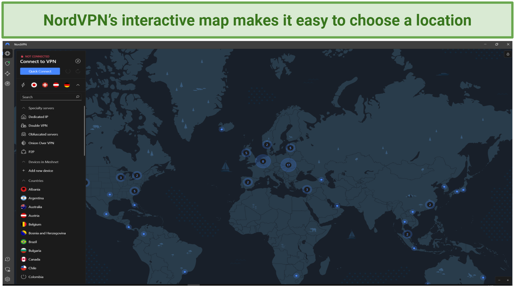 Screenshot of NordVPN's interactive map of server locations