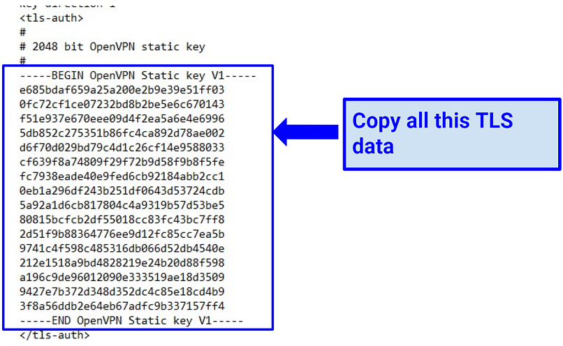 A screenshot of TLS Key data in the NordVPN config file