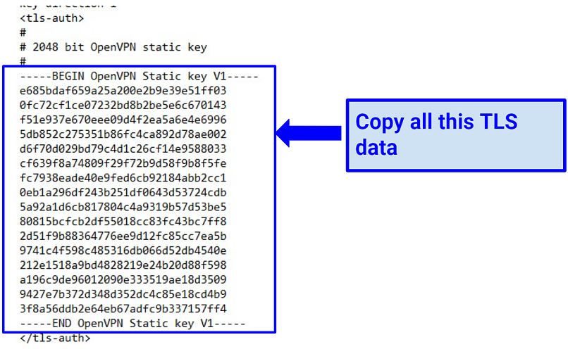 Una captura de pantalla de datos de clave TLS en el archivo de configuración NordVPN