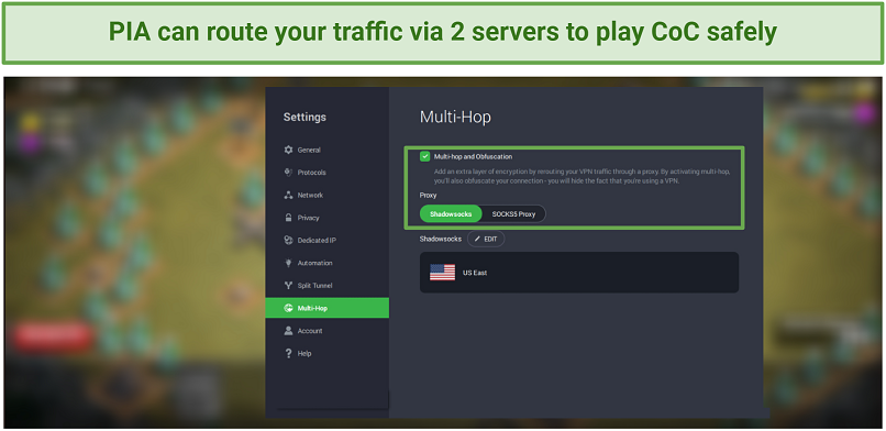 Image on PIA's Multi-hop settings with CoC in the background