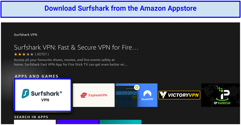 Picture of Surfshark VPN icon on Amazon appstore