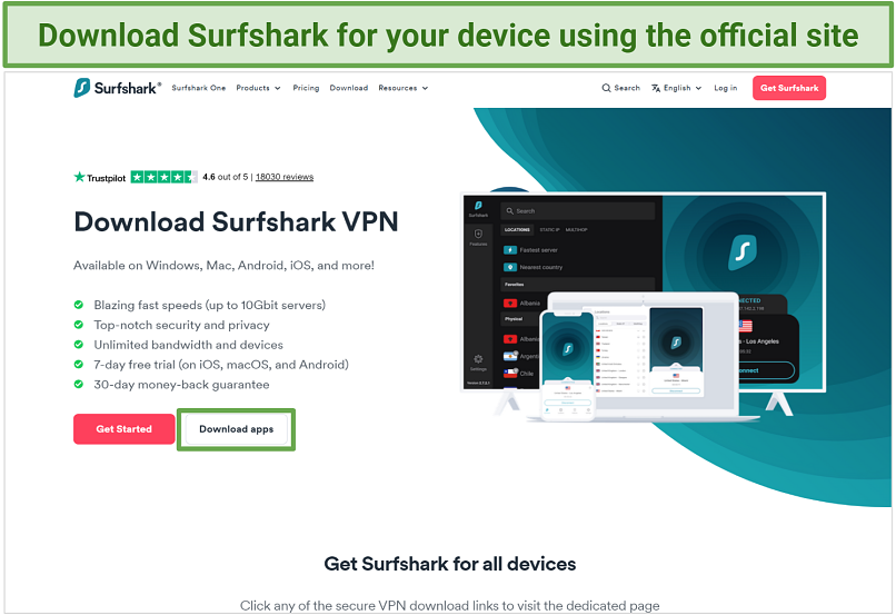 Screenshot of Surfshark's download page