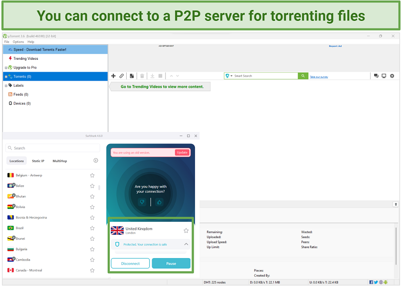 Screenshot of Surfshark working with uTorrent