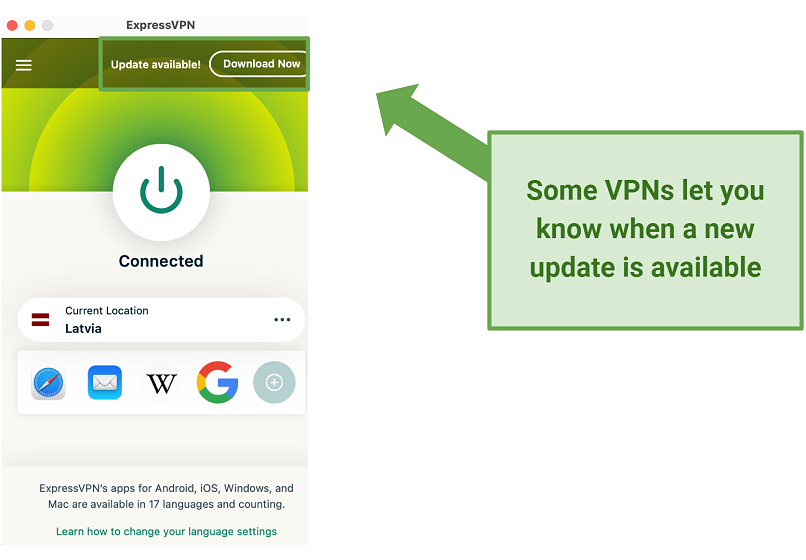 Screenshot of ExpressVPN UI informing about a new update