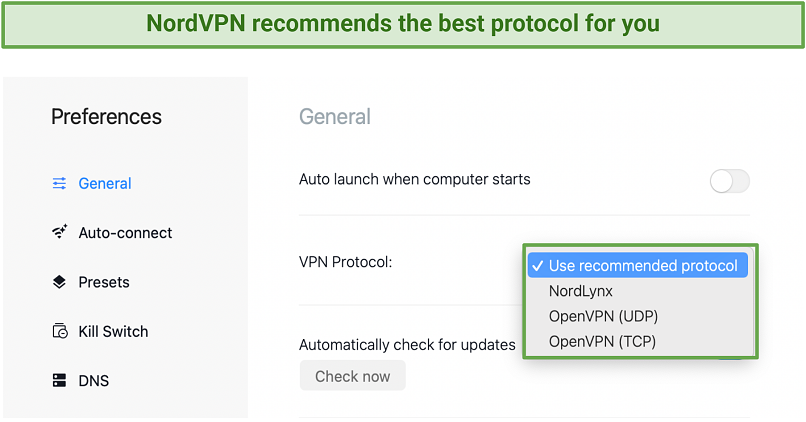 Screenshot of NordVPN's general preferences