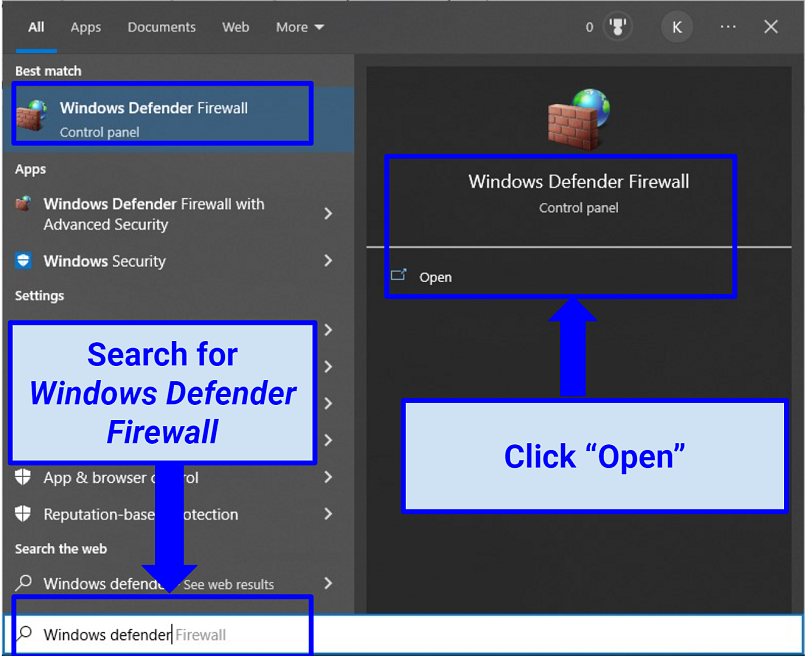 A screenshot of firewall protection search on Windows