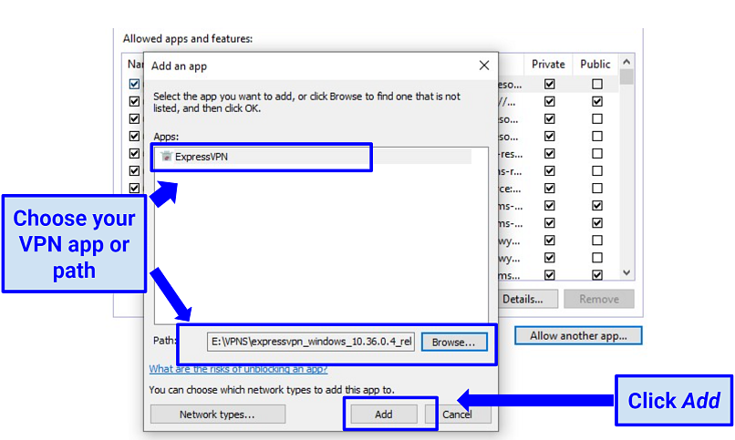 A screenshot of VPN app allowed on Windows Firewall