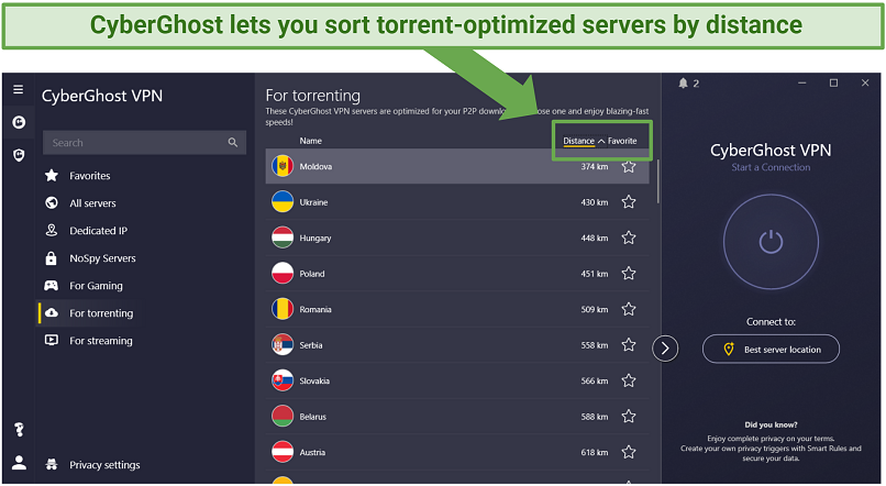 Screenshot of CyberGhost's app showing torrent-optimized servers