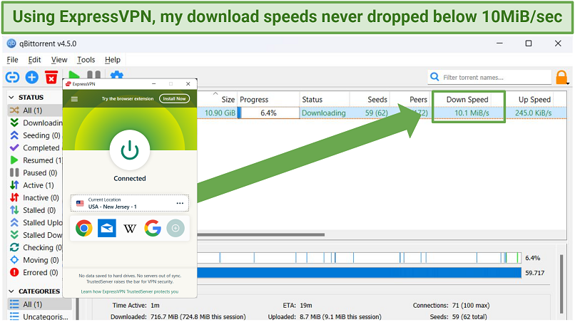 Screenshot of ExpressVPN's fast torrenting speeds