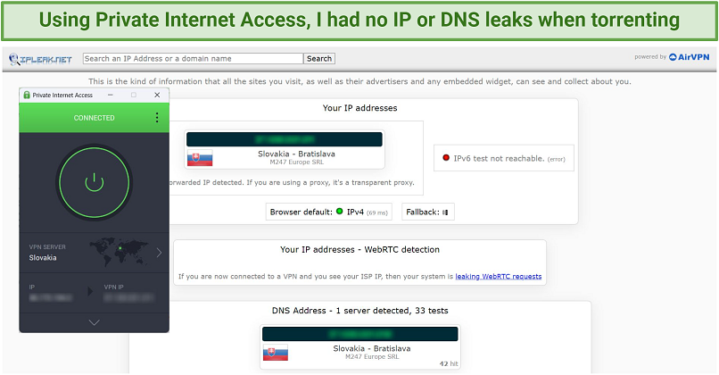 Screenshot of PIA successfully passing an online leak test