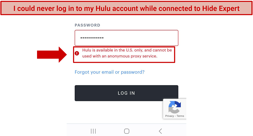 Screenshot of Hulu login screen detecting my VPN while I was connected to Hide Expert
