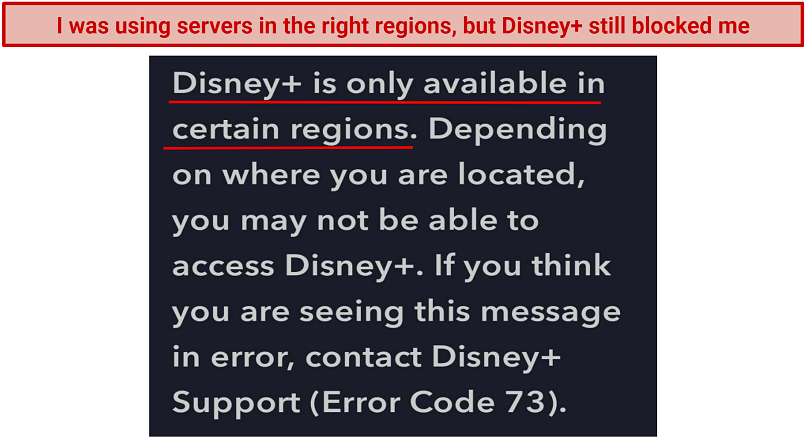 Screenshot of Disney Plus error message sent to me while I was connected to Hide expert