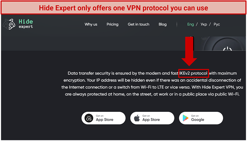 Screenshot of Hide expert's website highlighting where it states which protocol it uses