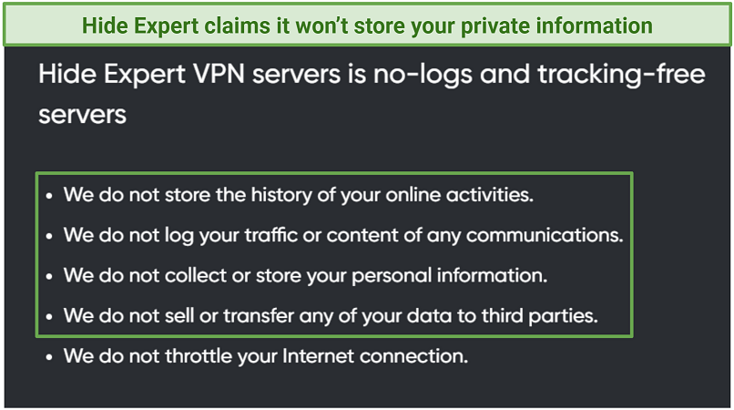 Screenshot of Hide Expert's privacy policy highlighting what it does not store