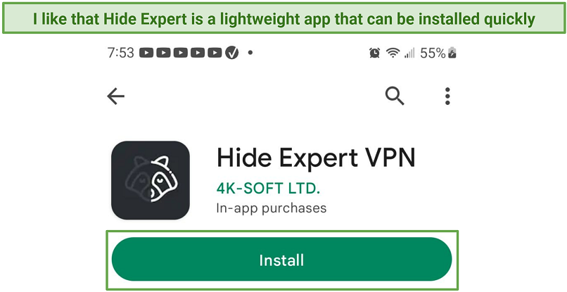 Screenshot of Hide Expert VPN in the Google Play Store on an Android device