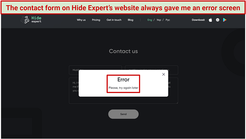 Screenshot of Hide Expert's website highlighting an error screen I got each time I tried to contact support