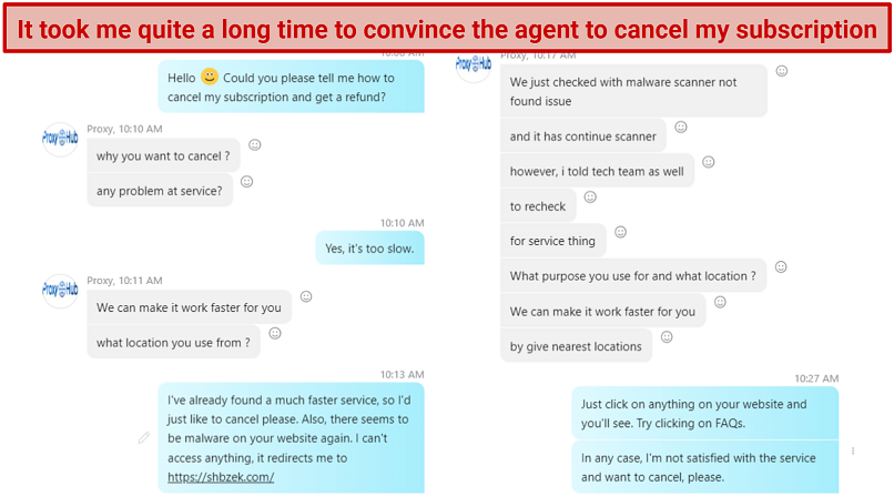 Screenshot of a conversation with Proxy Hub's customer support, asking them to cancel my subscription