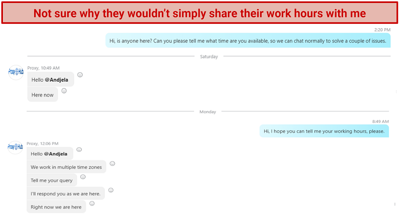 Screenshot of a conversation with Proxy Hub customer service