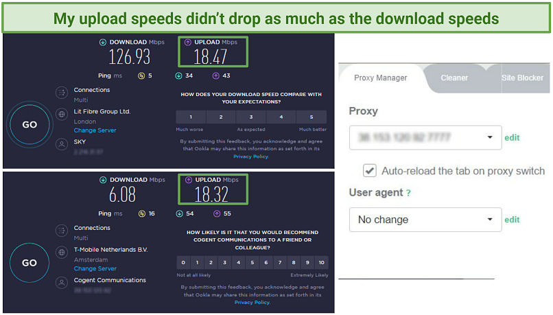 Screenshot of a speed test while connected to a Proxy Hub proxy server