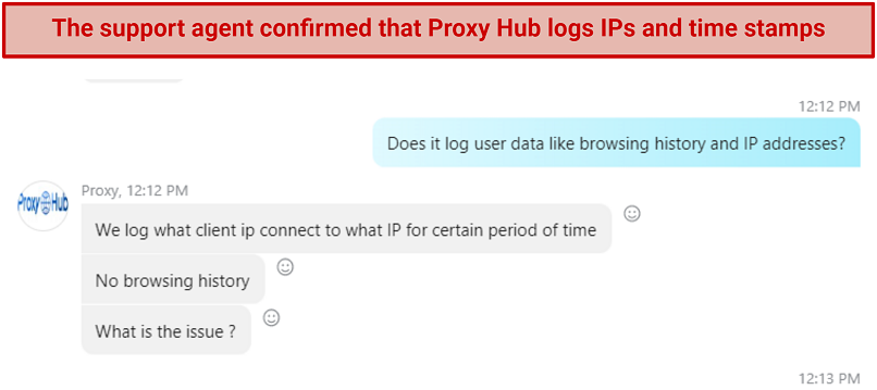 Screenshot of a conversation with Proxy Hub customer support, who confirmed that the provider logs IP addresses