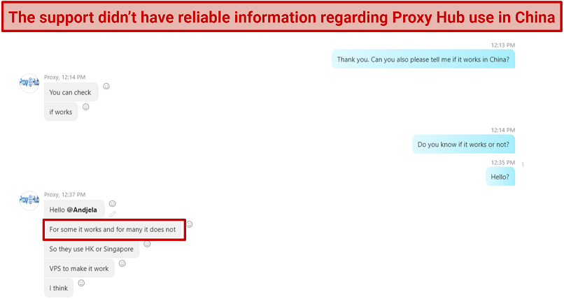 Screenshot of a conversation with Proxy Hub support regarding proxy use in China