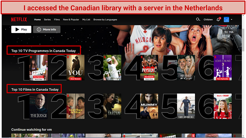 Screenshot of Netflix home page while connected to Proxy Hub