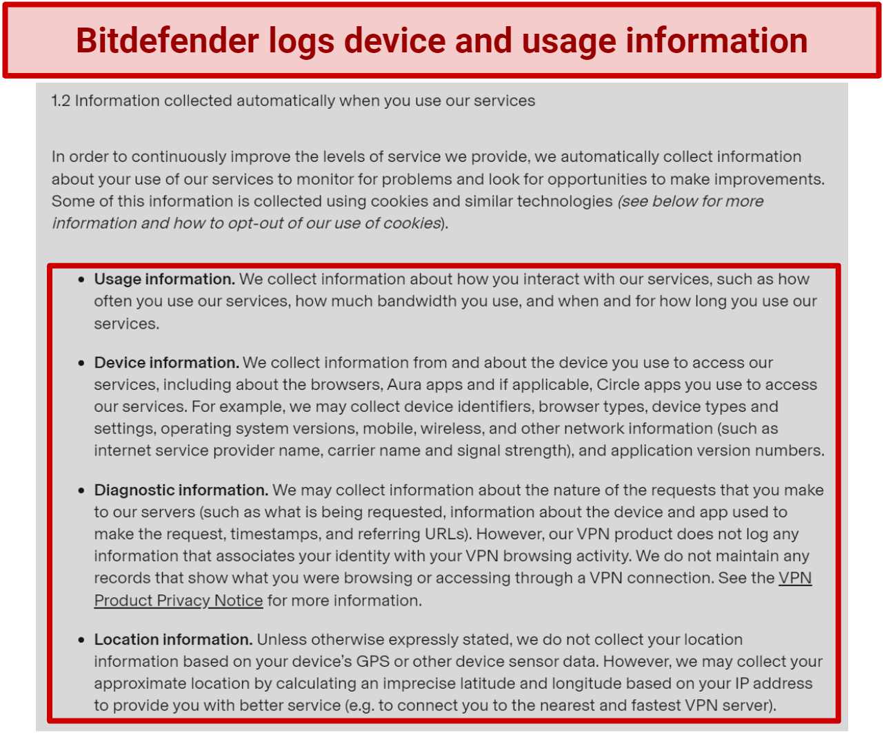 Screenshot of Bitdefender's privacy policy
