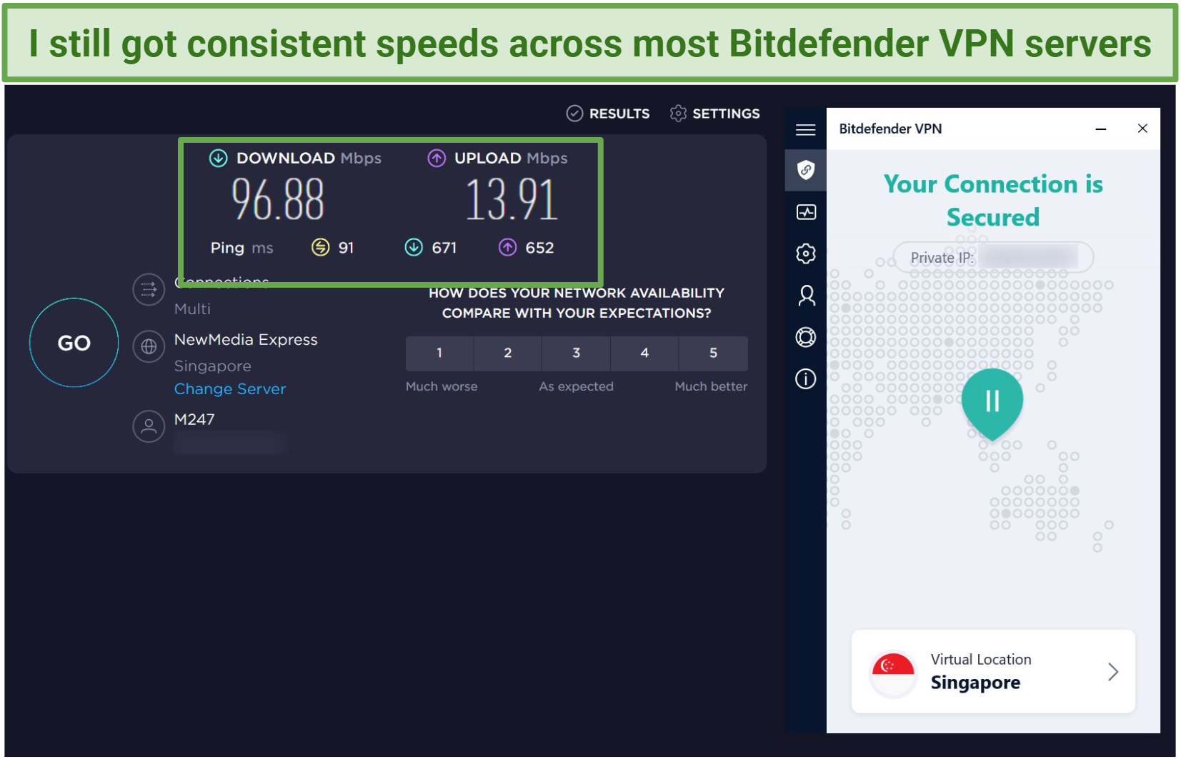 Screenshot of Bitdefender VPN's speeds