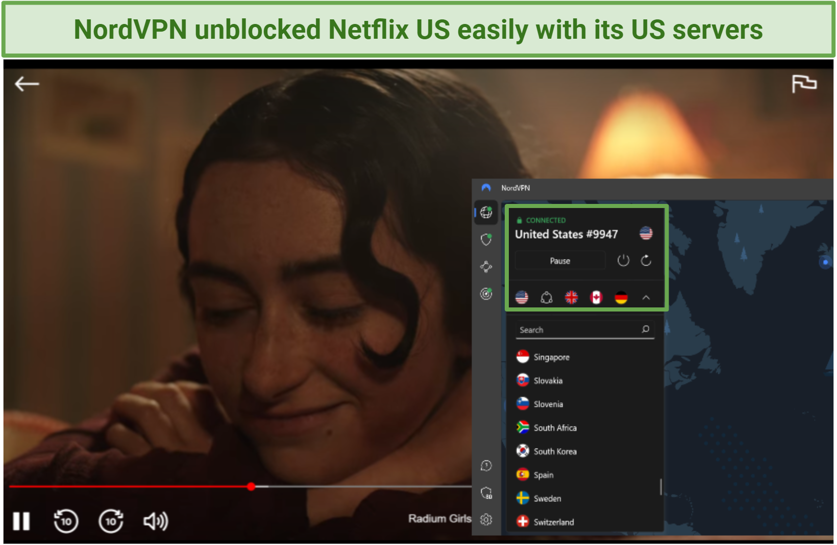 Screenshot of NordVPN unblocking Netflix US