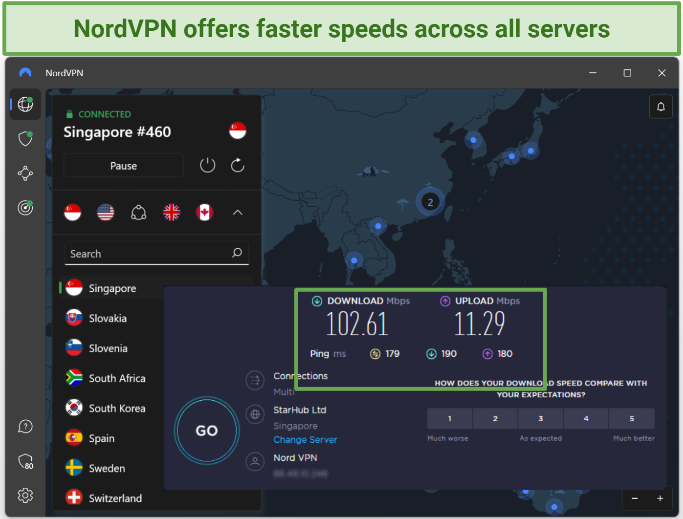 Screenshot of NordVPN's speeds