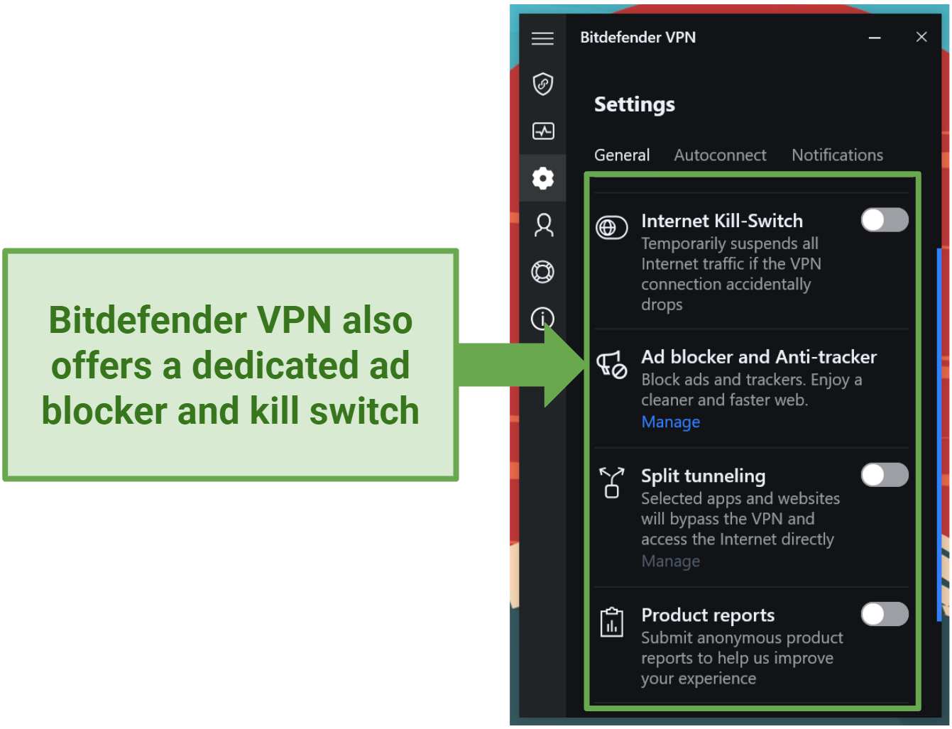 Screenshot of Bitdefender VPN's Security features