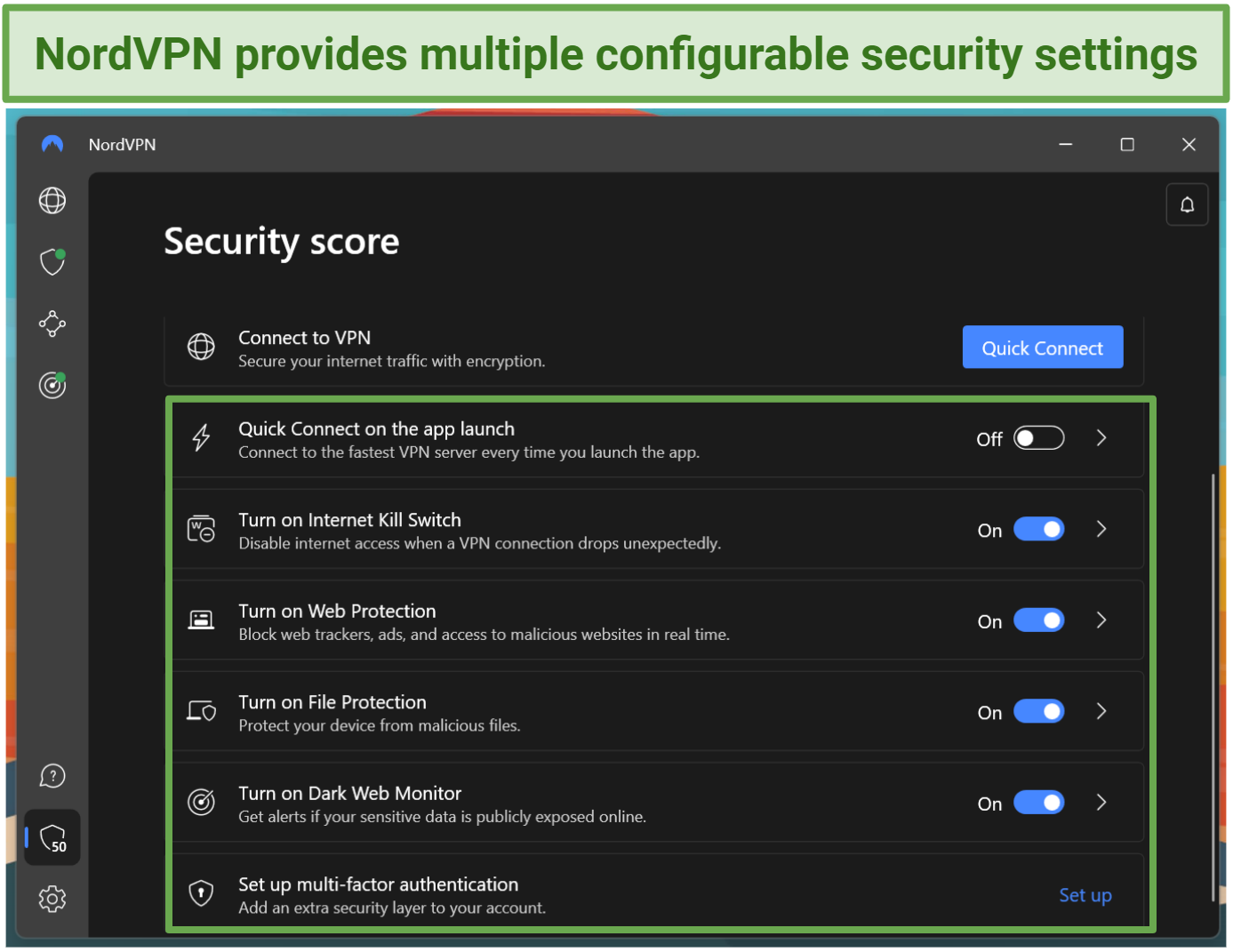 Screenshot of NordVPN's Security settings