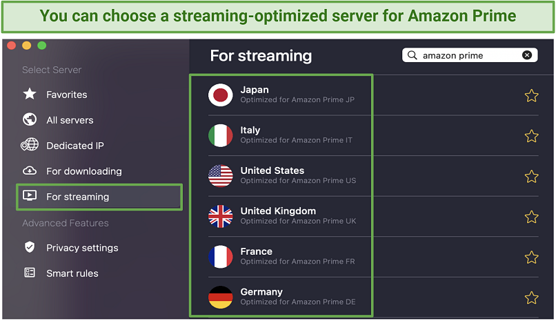 Screenshot of CyberGhost's optimized servers for Amazon Prime