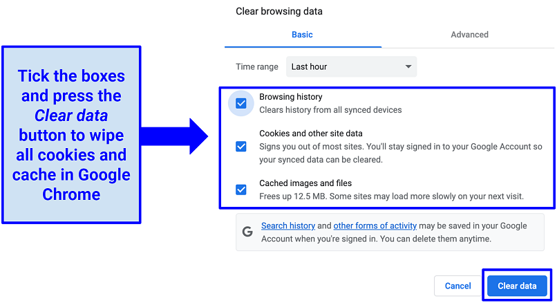 Screenshot of deleting cookies and cache in Google Chrome browser