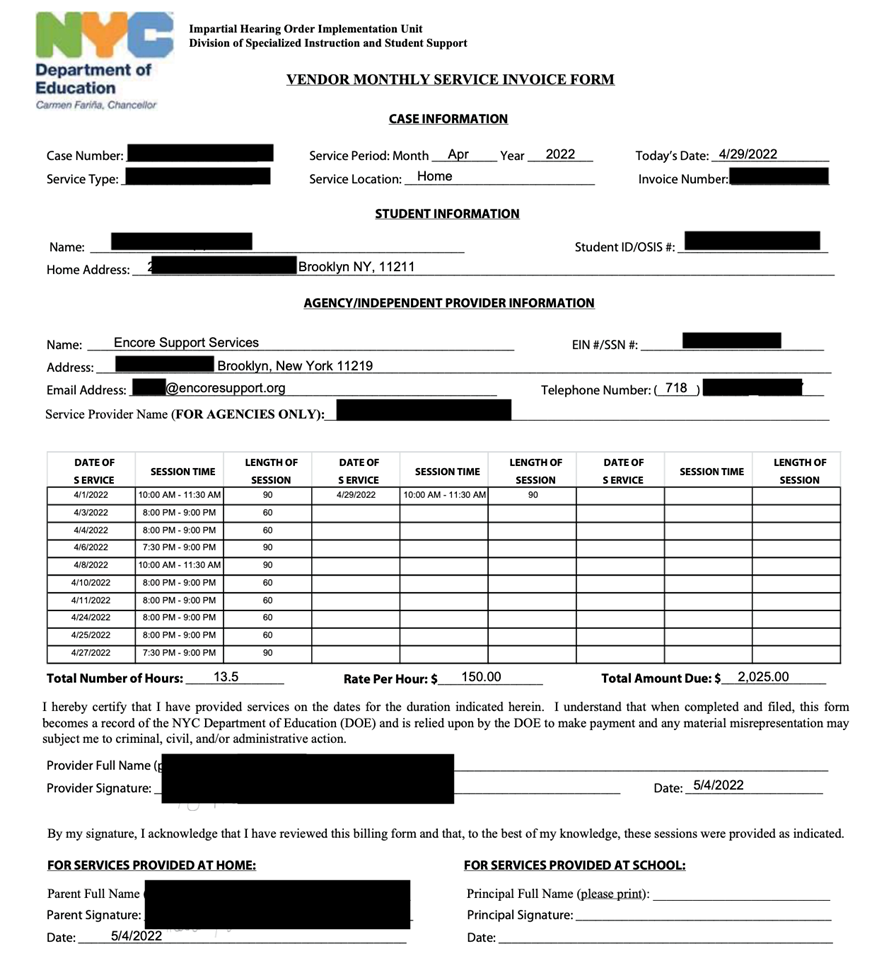 This image shows what the invoice looks like for services provided in school.