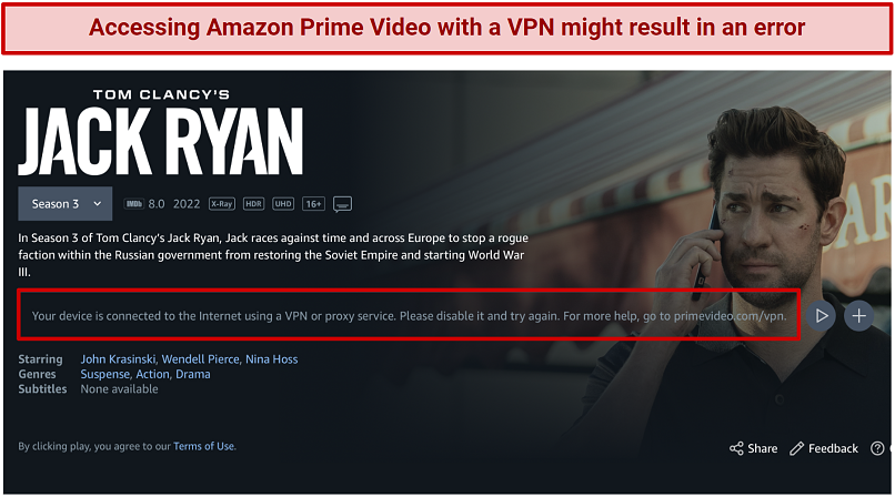 Screenshot of Amazon Prime Video VPN error message