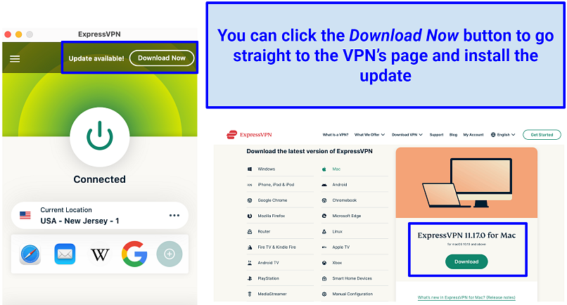 Screenshot of ExpressVPN's UI and the update download page