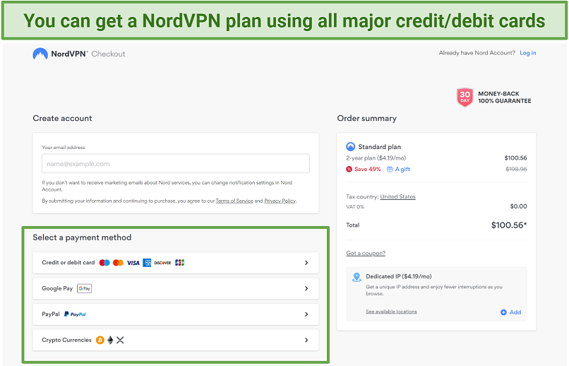 Screenshot of NordVPN's subscription plan page