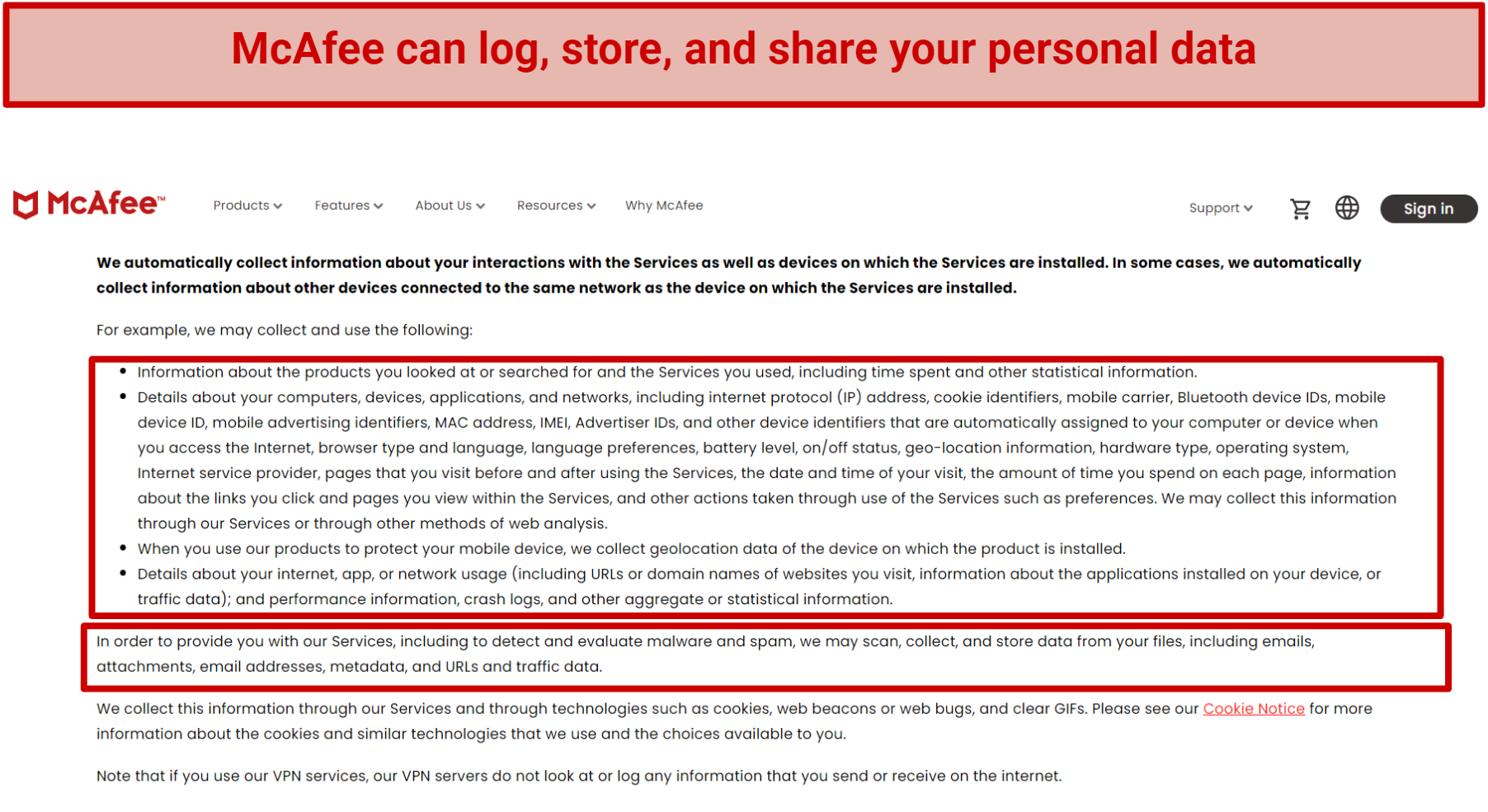 Mcafee privacy policy screenshot