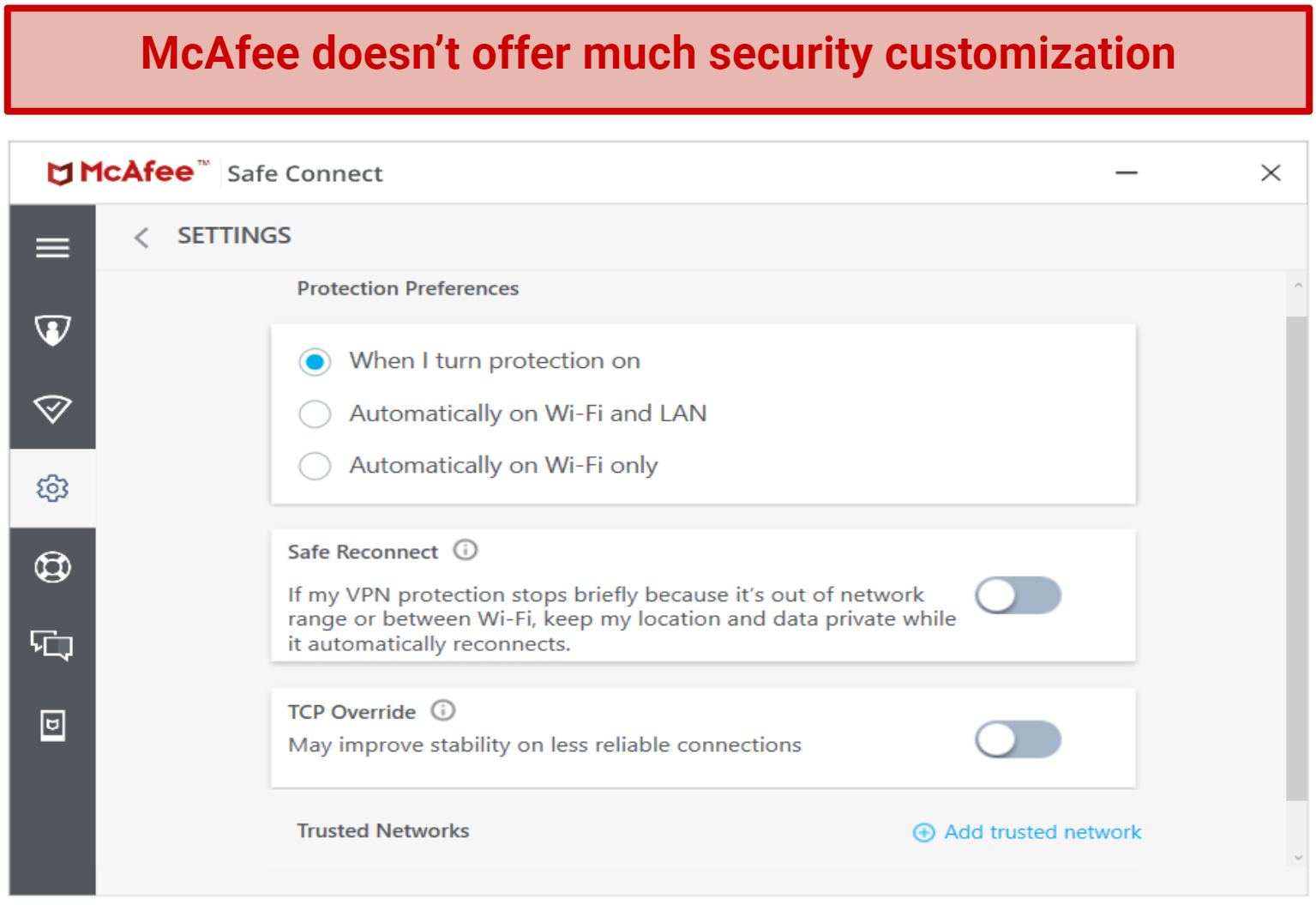 Screenshot of mcafee vpn settings