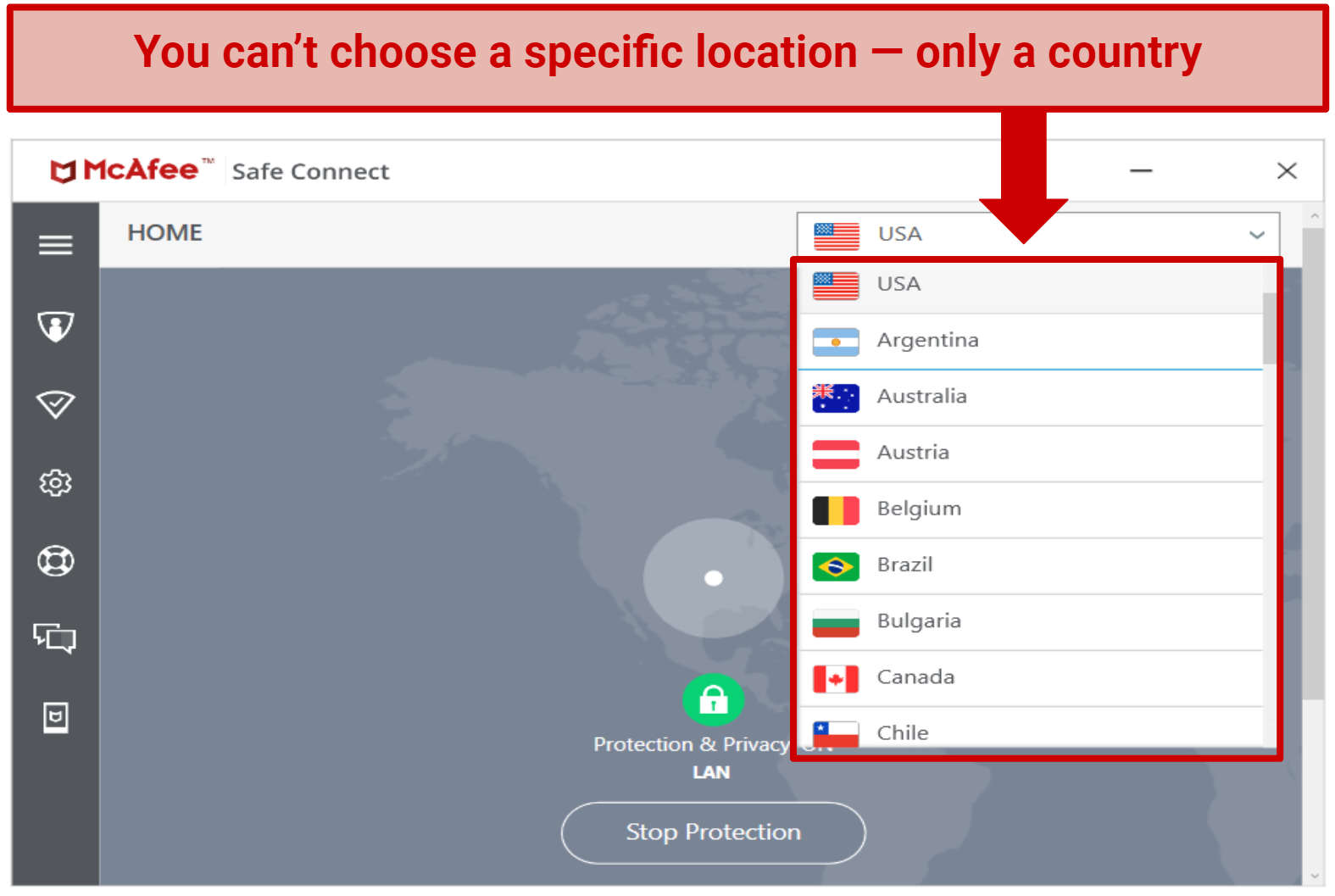 Screenshot of McAfee Safe Connect VPN server list