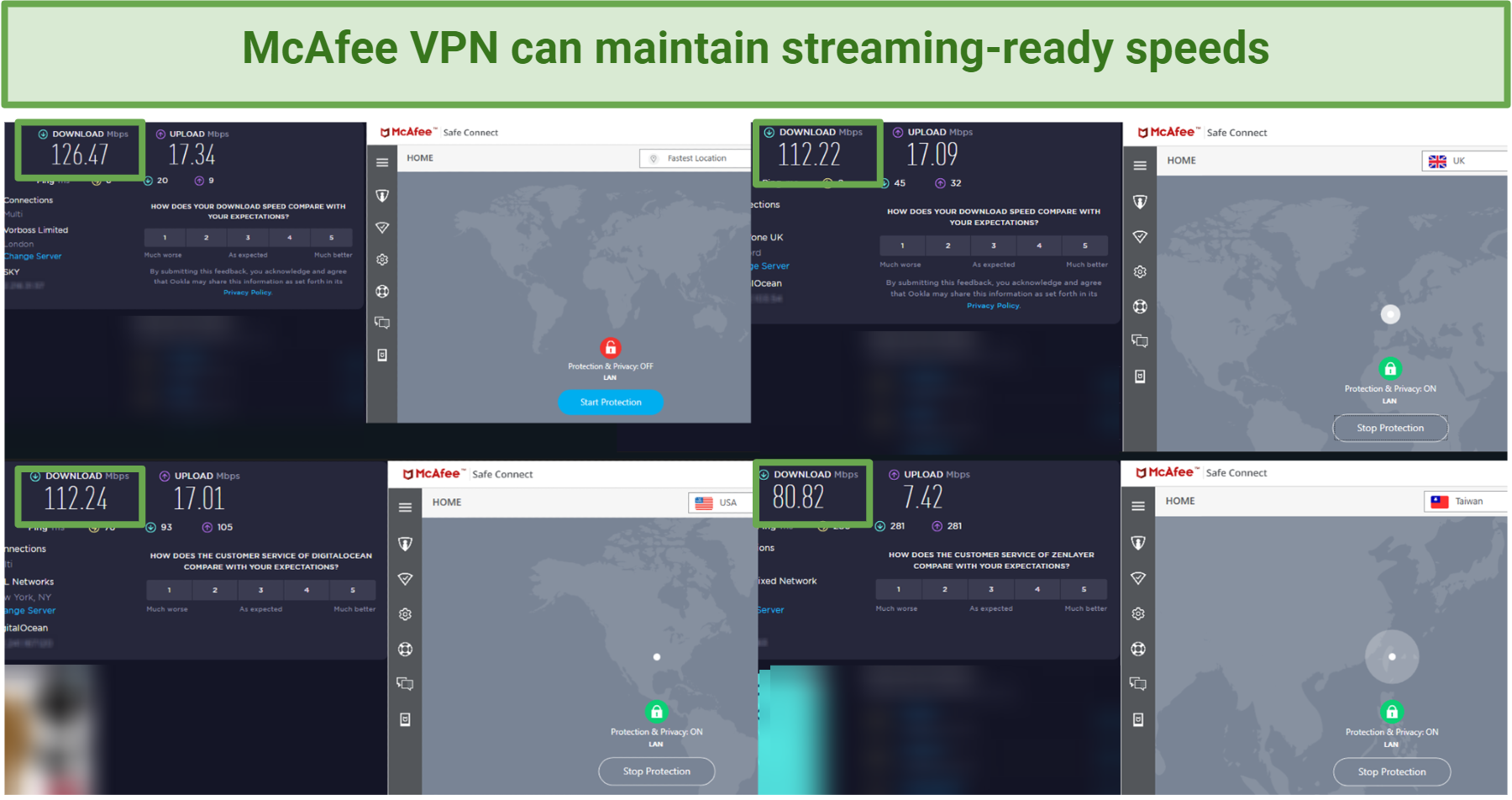 Pictures of McAfee VPN speed tests in the US, UK, and on the closest server