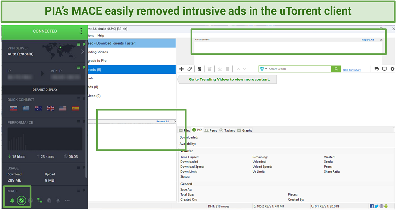 PIA의 스크린 샷은 Utorrent에서 광고를 성공적으로 차단합니다