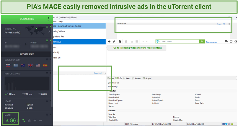 PIA ekran görüntüsü Utorrent'teki reklamları başarıyla engelleme