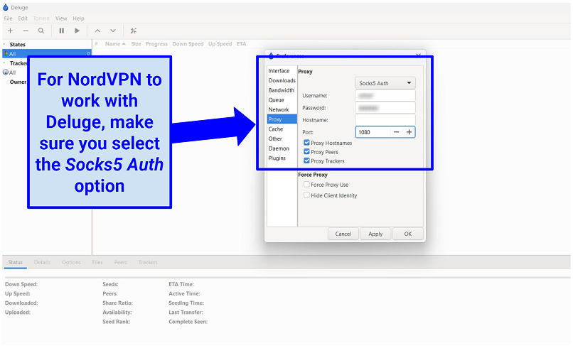 Screenshot showing how to enable proxy settings in Deluge