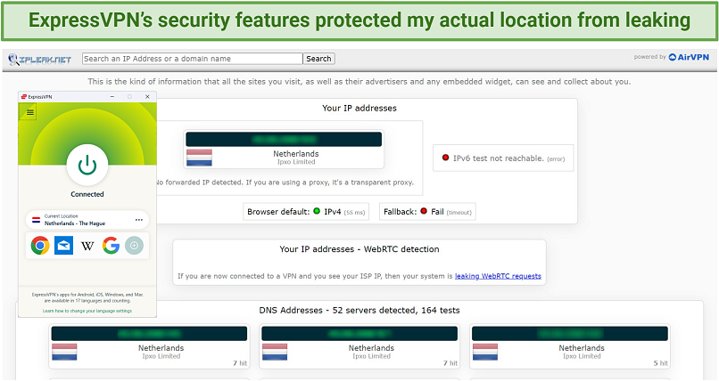 Screenshot of ExpressVPN successfully passing an IP and DNS leak test.