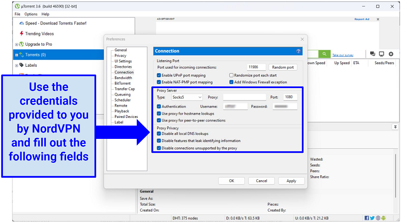 Captura de tela mostrando como configurar as configurações de proxy Nordvpn no uTorrent